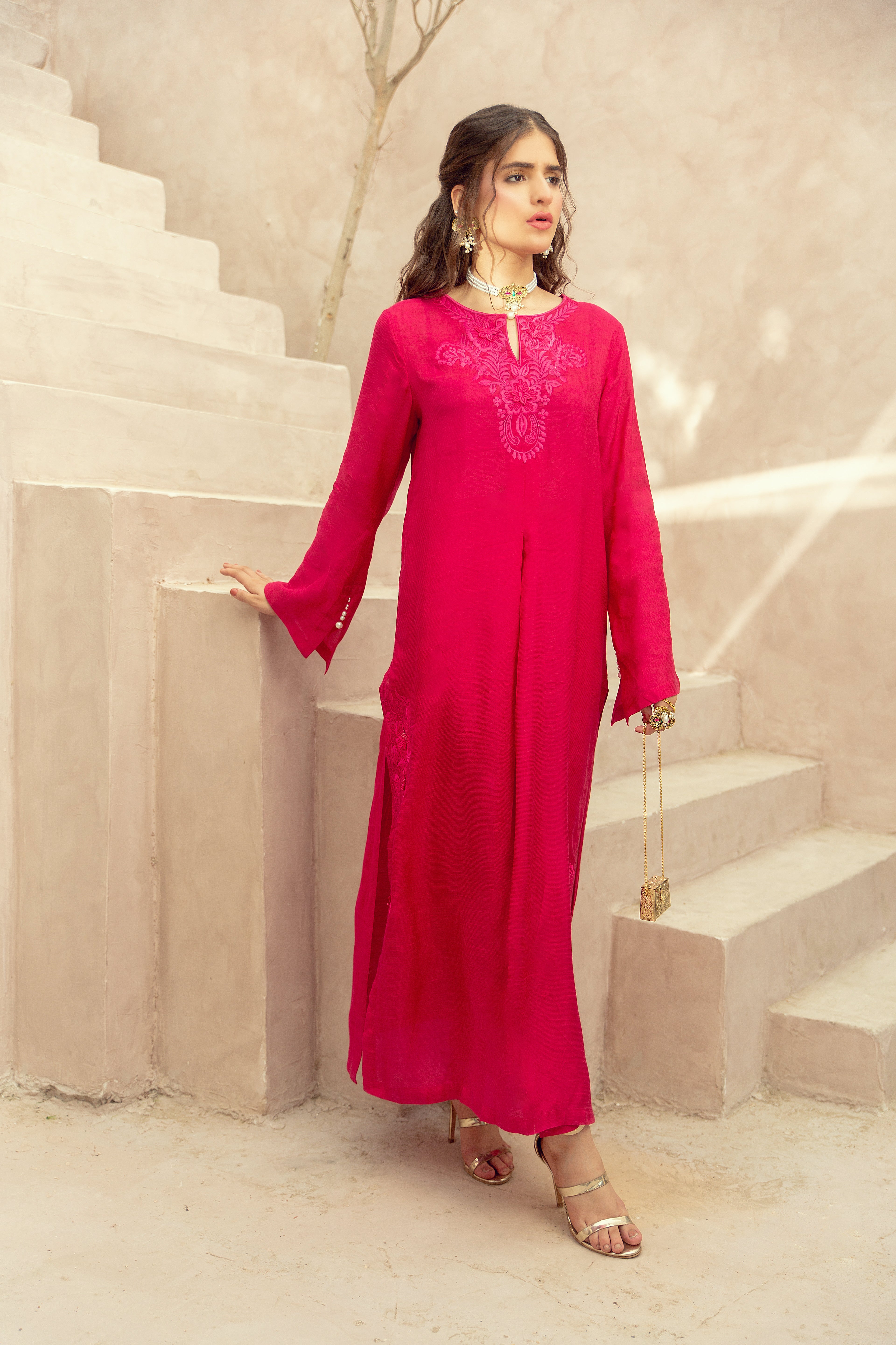Embroidered Suit - Fuchsia Pink